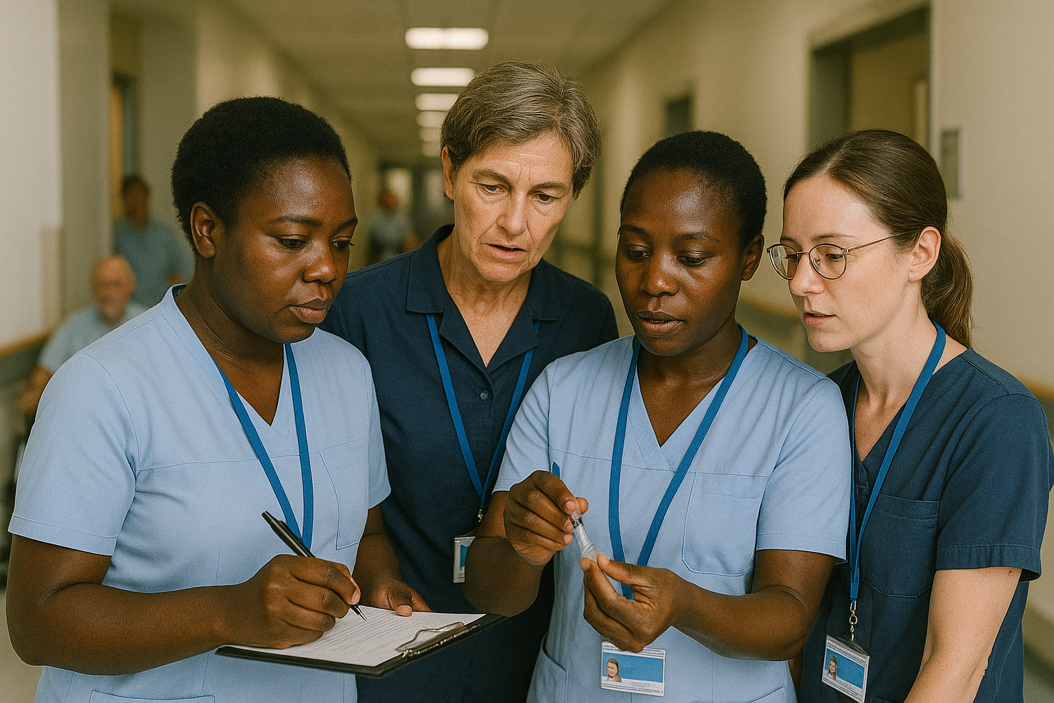 African and German nurses collaborating in hospital - reviewing patient care together